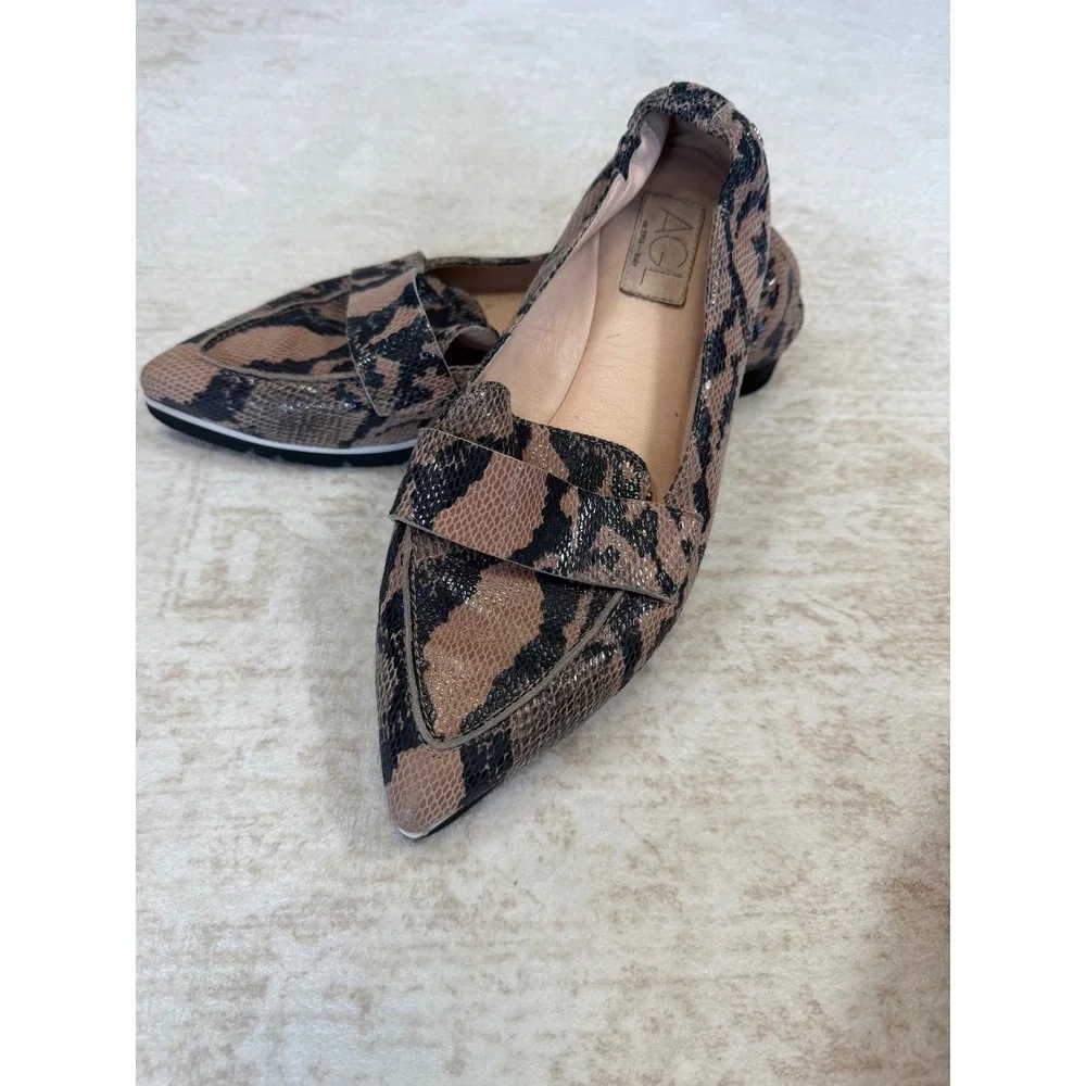 AGL Attilio Giusti Leombruni Snakeskin Pointed Toe Loafers N538078 Brown 40.5